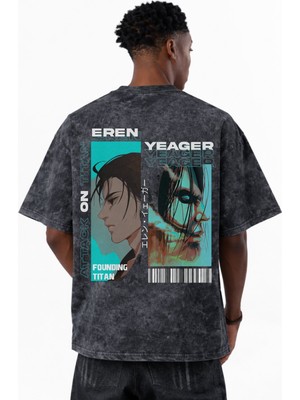 Sevbano Tasarım Attack On Titan Eren Yeager Anime Baskılı Unisex Oversize Eskitme Yıkamalı Tişört