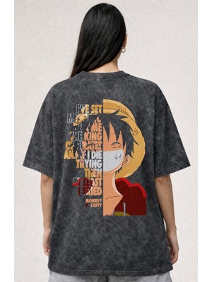 Sevbano Monkey D. Luffy One Piece Anime Baskılı Unisex Oversize Eskitme Yıkamalı Tişört