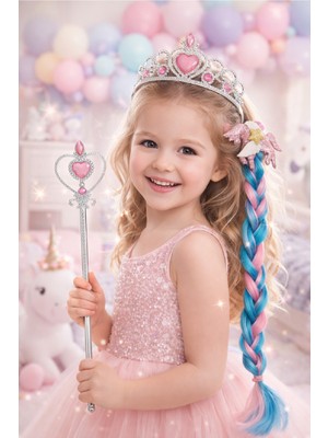 Bkmc Unicorn Prenses Taç ve Sihirli Değnek Seti Kız Çocuk Doğum Günü Kostüm Aksesuarı (3-8 Yaş)