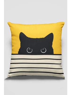 Sarı ve Siyah Renk Kedili Çift Taraflı Kırlent Kılıfı SHKRL064