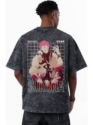 Sevbano Ryomen Sukuna Jujutsu Kaisen Anime Karakterler Baskılı Unisex Oversize Eskitme Yıkamalı Tişört