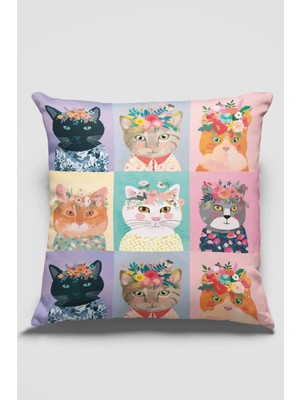 Dokuz Kedili Multi Renk Çift Taraflı Yastık Kırlent Kılıfı SHKRL457