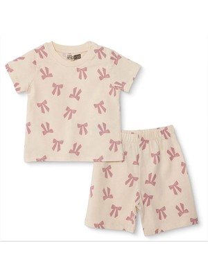 Hellobaby Kız Bebek Pijama Takımı Fiyonk Baskılı Bisiklet Yaka Kısa Kol Reçme