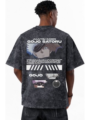 Sevbano Tasarım Jujutsu Kaisen Gojo Satoru Anime Baskılı Unisex Oversize Eskitme Yıkamalı Tişört