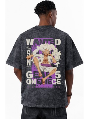 Sevbano Wanted Monkey D. Luffy Gear 5 One Piece Anime Baskılı Unisex Oversize Eskitme Yıkamalı Tişört