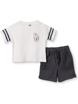 Hellobaby Erkek Bebek Tişört-Şort Slogan Baskılı Bağcıklı Bisiklet Yaka Kısa Kol Reçme