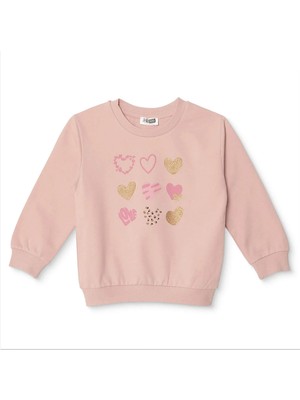 Hellobaby Kız Bebek Sweatshirt Kalp Baskılı Bisiklet Yaka Uzun Kol