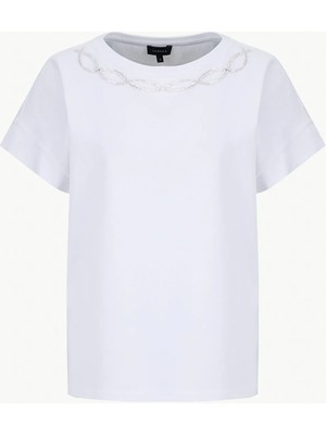 Fabrika Bisiklet Yaka Payetli Kırık Beyaz Kadın T-Shirt F6SL-TST0279