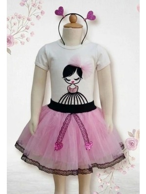 Biçomi 9-12-18 Ay Saçı Örgülü Kız Nakışlı Kurdelalı Kısa Kollu Tütü Etek 2li Kız Bebek Takımı Lila