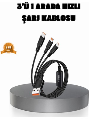 İntora 3’ü 1 Arada Şarj Kablosu Type-C Ios Android Uyumlu Hızlı ve Güvenli Şarj