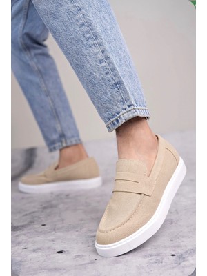 Baybonza BA0580 Bağcıksız Kuşaklı Yüksek Taban Krem Süet Erkek Ayakkabı