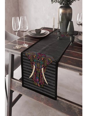 Füme Etnik Fil Tasarımlı Premium Masa Örtüsü Runner SHRNR359