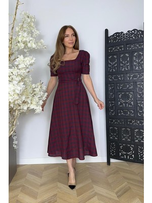 G1750 Kare Yaka Kloş Elbise Bordo