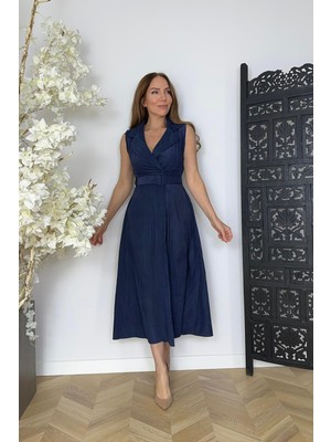 G1747 Kemer Detaylı Anvelop Kolsuz Elbise Lacivert