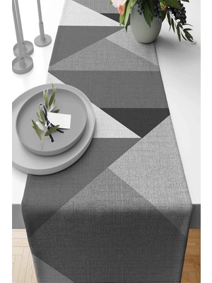 Gri Geometrik Tasarımlı Premium Masa Örtüsü Runner SHRNR392
