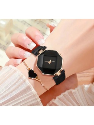 BBS 2'li Siyah Şık Kuvars Kadın Saati ile Kalpli Bileklik ( Kutusuz )