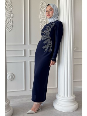 inStyle Tüy Detaylı Taşlı Lacivert Abiye