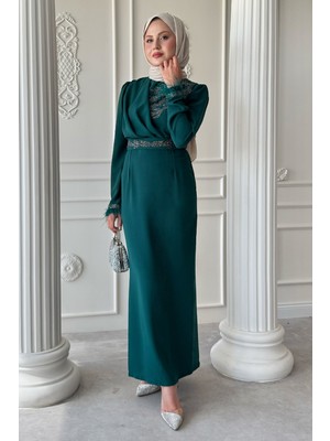 inStyle Taş Yaka Tüylü Kol Zümrüt Yeşili Abiye
