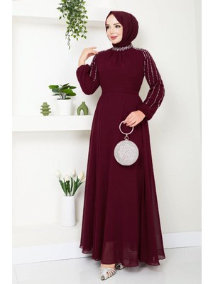 inStyle Kolları Taşlı Pullu Kırmızı Şifon Abiye