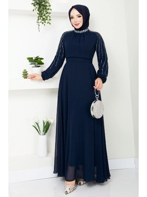 inStyle Kolları Taşlı Pullu Lacivert Şifon Abiye