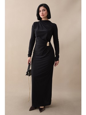 inStyle Büzgülü Yandan Broşlu Siyah Sandy Elbise