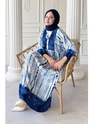 inStyle Batik Çizgi Desen Mavi Viskon Elbise