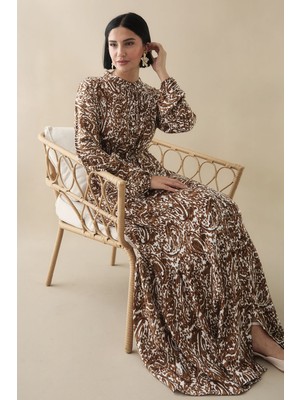 inStyle Karışık Retro Desen Viskon Sütlü Kahve Elbise
