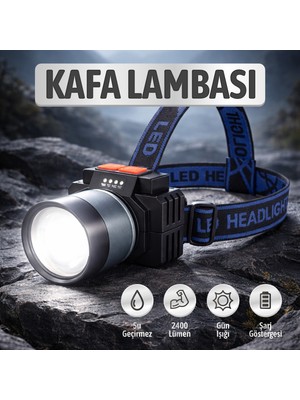 Badem10 Şarjlı Su Geçirmez Darbeye Dayanıklı Kafa Lambası Kamp Gece Kullanım Şarjlı Lamba Zoomlu Dayanıklı