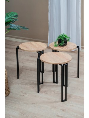 Evle 3'lü Zigon Sehpa Takımı, Modern Metal Ayaklı Yuvarlak Yan Sehpa, Ahşap Tablalı Orta Sehpa