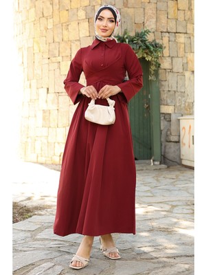 inStyle Kuşak Detaylı Gömlek Yaka Bordo Elbise