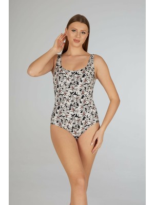 Estiva Kadın Çiçek Desenli Siyah Beyaz U Yaka Emprime Battal Beden Tek Parça Mayo