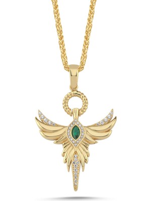 Sembol Gold 14 Ayar Altın Zümrüt Taşlı Melek Kanadı Figürlü Kolye 55CM