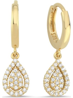 Sembol Gold 14 Ayar Altın Damla Form Taşlı Sallantılı Küpe