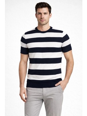 Glam Love Erkek T-Shirt Çizgili Triko Dokuma Bisiklet Yaka Tişört  - Siyah