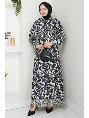 inStyle Pastel Çiçek Desenli Antrasit Viskon Elbise