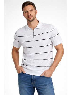 Glam Love Erkek T-Shirt Çizgili Triko Dokuma Kumaş Polo Yaka Yarım Fermuarlı Regular Kalıp Tişört - Beyaz