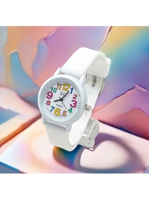 BBS Renkli Sayı Kadranlı Şık Beyaz Unisex Kuvars Kol Saati