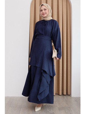 inStyle Belden Bağlamalı Koyu Lacivert Ayrobin Elbise