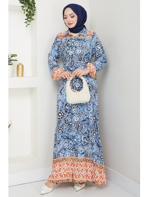 inStyle Renkli Otantik Desen Mavi Viskon Elbise