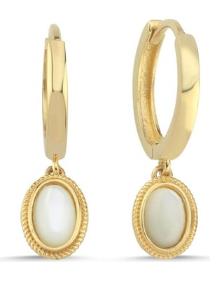 Sembol Gold 14 Ayar Altın Oval Sedef Taşlı Sallantılı Küpe