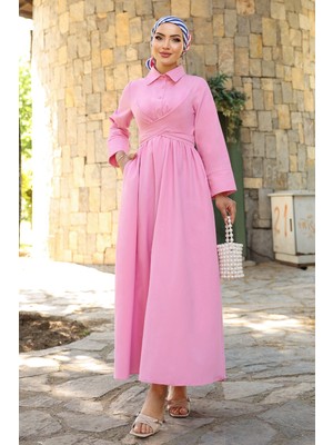 inStyle Kuşak Detaylı Gömlek Yaka Pembe Elbise