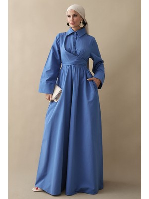 inStyle Kuşak Detaylı Gömlek Yaka Indigo Elbise