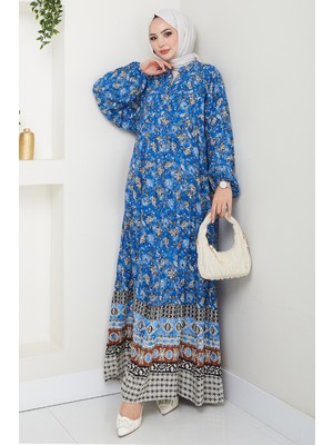 inStyle Çiçek Patlı Indigo Viskon Elbise