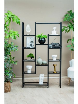 Evle Çok Amaçlı Kademeli Metal Raf, 12 Gözlü Kitaplık ve Saksı Standı, Siyah Organizer Ünite