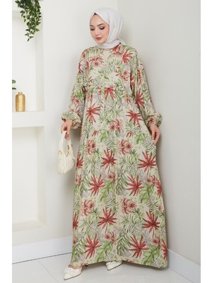 inStyle Karışık Palmiye Desen Yeşil Viskon Elbise