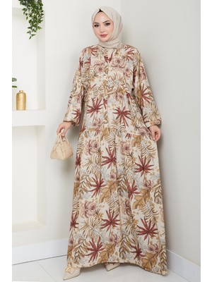 inStyle Karışık Palmiye Desen Kahverengi Viskon Elbise