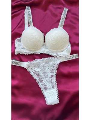Nivene Beyaz Dantelli Taşlı Balenli Destekli Sütyen Takım