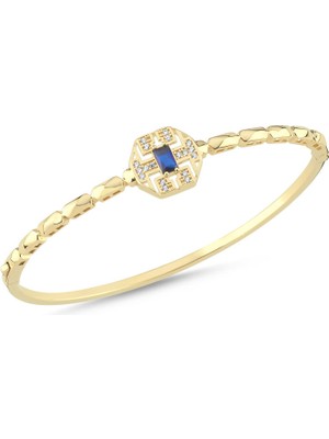 Sembol Gold 14 Ayar Altın Mavi Taşlı Geometrik Kelepçe Bilezik