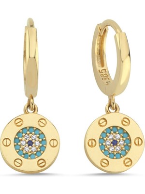 Sembol Gold 14 Ayar Altın Turkuaz Taşlı Yuvarlak Küpe