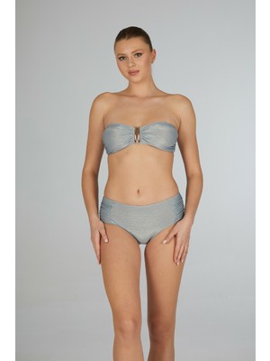 Estiva Kadın Parlak Silver Yüksek Bel Britli Aksesuarlı Straplez Bikini Takımı